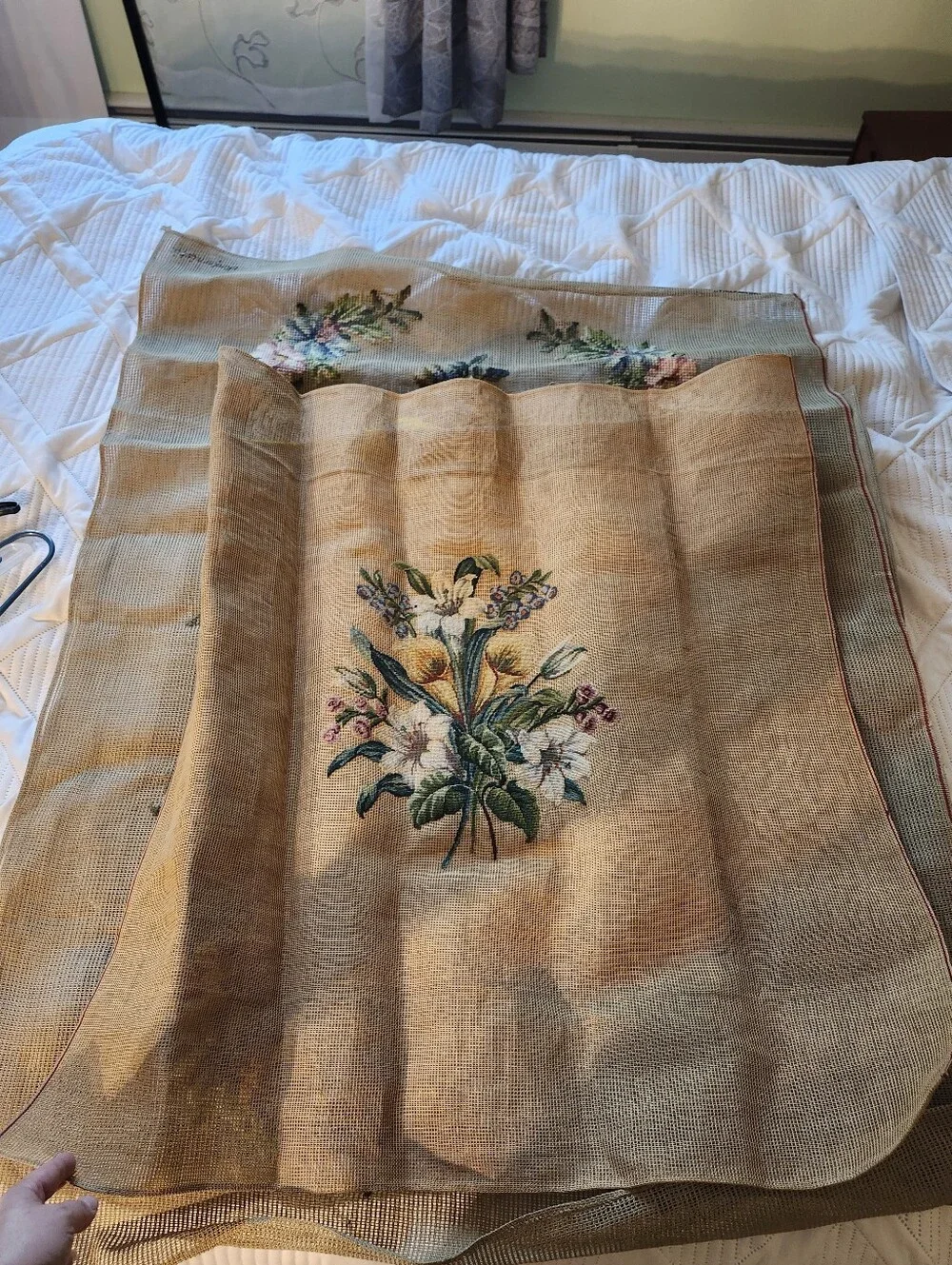 Handcrafted Floral Embroidery Wall Decor in Cream and Green Unframed